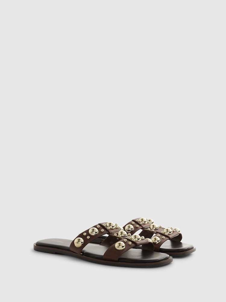 River Island Brown Leather Studded T-Bar Flat Sandals - Image 2 of 6 River Island Brown Leather Studded T-Bar Flat Sandals - Image 2 of 6