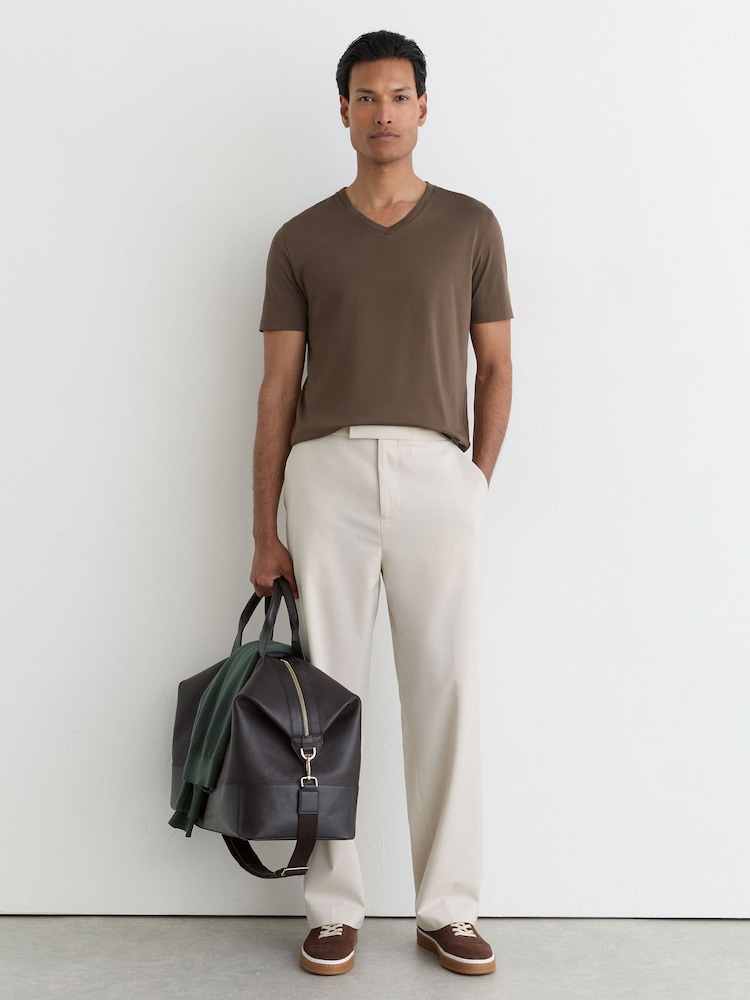 Reiss Taupe Brown Baron Air-Water-Cotton V-Neck Tailored-Fit T-Shirt - Image 1 of 6