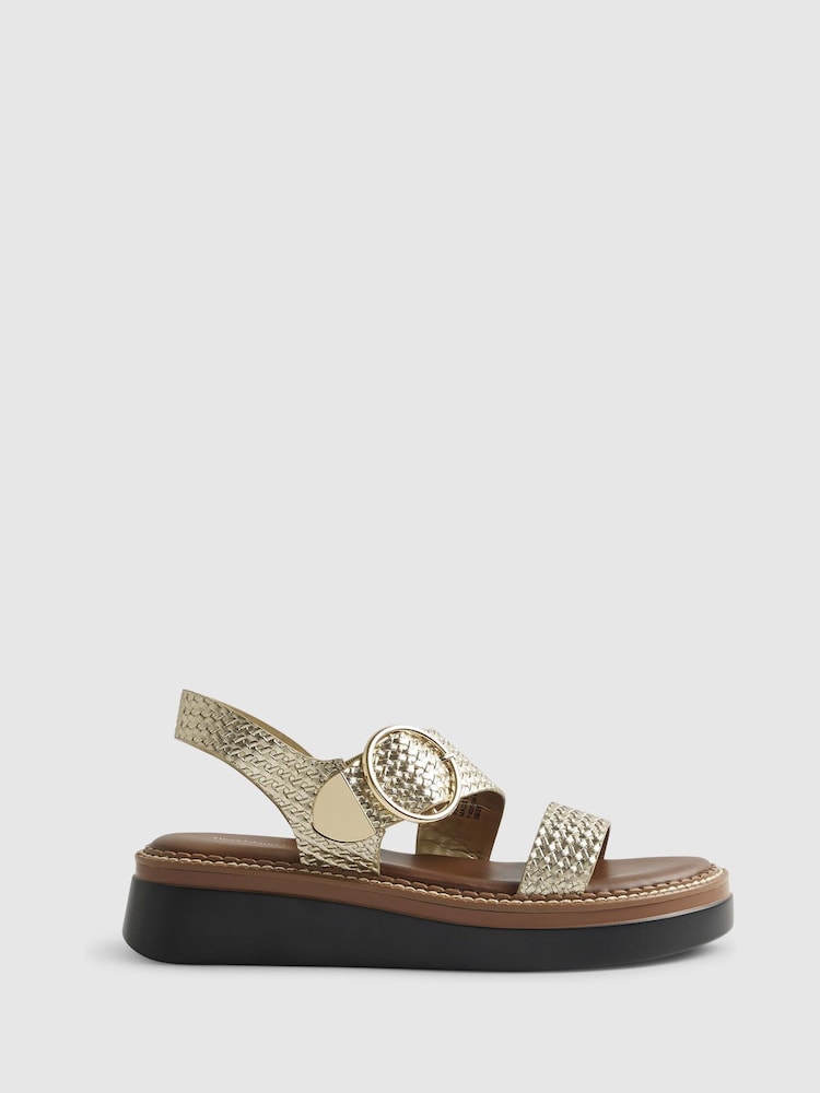 River Island Gold Wide Fit Woven Flatform Buckle Sandals - Image 1 of 5 River Island Gold Wide Fit Woven Flatform Buckle Sandals - Image 1 of 5