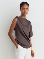 Reiss Mauve Kezia Satin Draped One-Shoulder Top - Image 1 of 6
