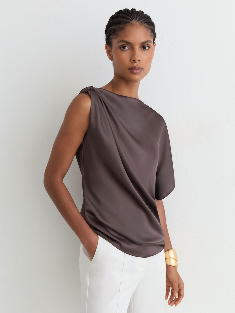 Reiss Mauve Kezia Satin Draped One-Shoulder Top - Image 1 of 6