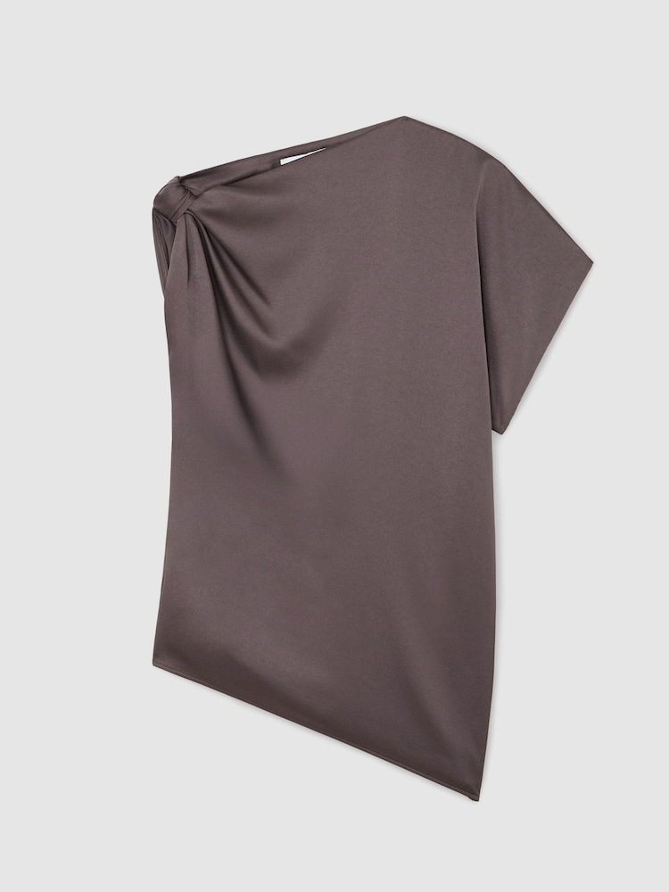 Reiss Mauve Kezia Satin Draped One-Shoulder Top - Image 2 of 6