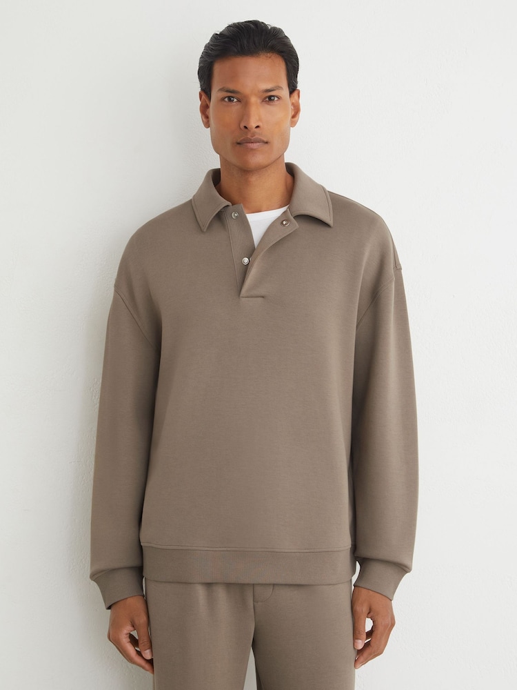 Reiss Mushroom Brown Brooks Premium Interlock Relaxed Polo Sweatshirt - Image 1 of 6 Reiss Mushroom Brown Brooks Premium Interlock Relaxed Polo Sweatshirt - Image 1 of 6