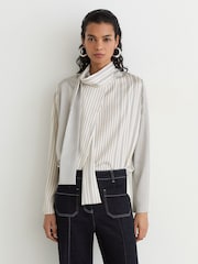 Reiss Ivory/Navy Rina Striped Scarf-Neck Blouse - Image 1 of 8