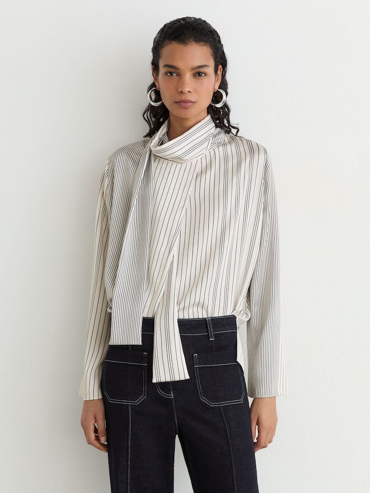 Reiss Ivory/Navy Rina Striped Scarf-Neck Blouse - Image 1 of 8 Reiss Ivory/Navy Rina Striped Scarf-Neck Blouse - Image 1 of 8