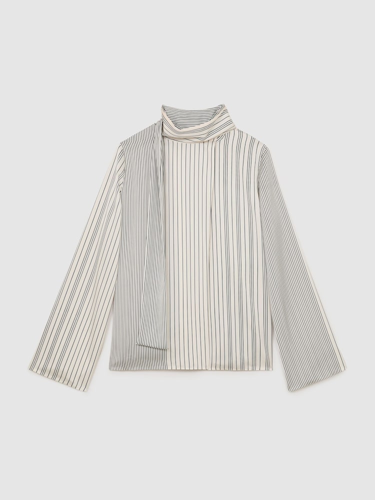 Reiss Ivory/Navy Rina Striped Scarf-Neck Blouse - Image 2 of 8 Reiss Ivory/Navy Rina Striped Scarf-Neck Blouse - Image 2 of 8