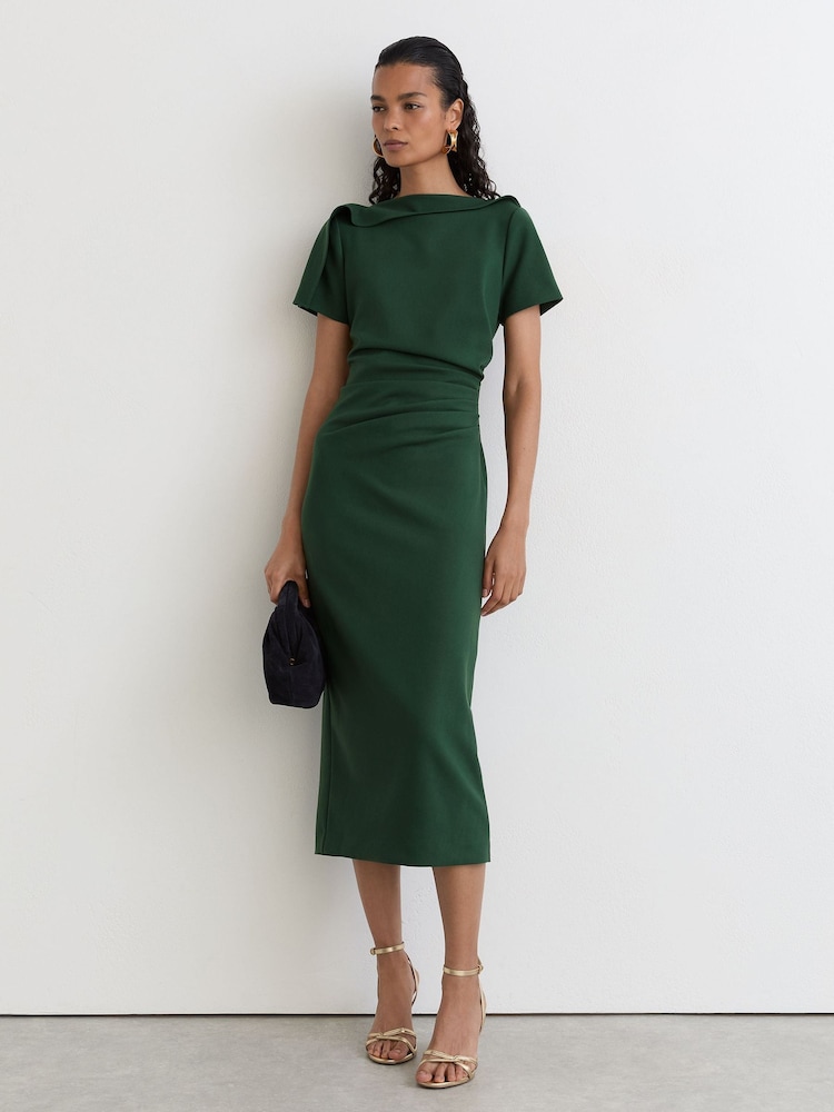 Reiss Teal Green Hilary Ruched-Detail Boat-Neck Midi Dress - Image 1 of 6 Reiss Teal Green Hilary Ruched-Detail Boat-Neck Midi Dress - Image 1 of 6