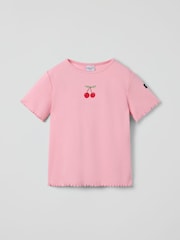 Polarn O. Pyret Pink Cherry Print Frill Sleeve T-Shirt - Image 1 of 2