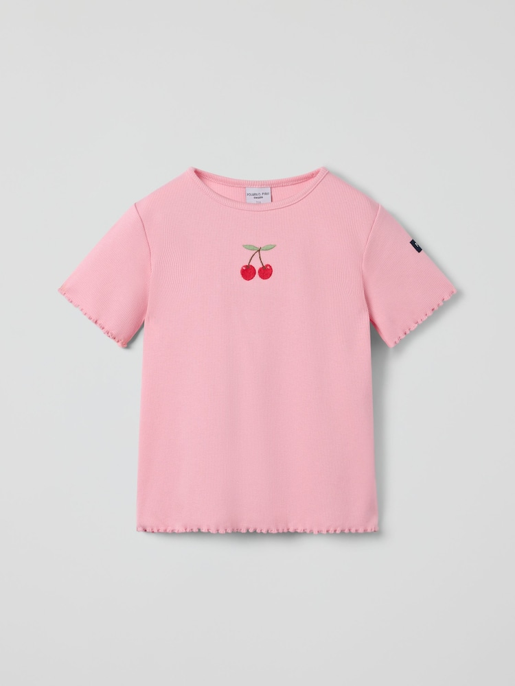 Polarn O. Pyret Pink Cherry Print Frill Sleeve T-Shirt - Image 1 of 2