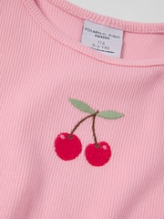 Polarn O. Pyret Pink Cherry Print Frill Sleeve T-Shirt - Image 2 of 2