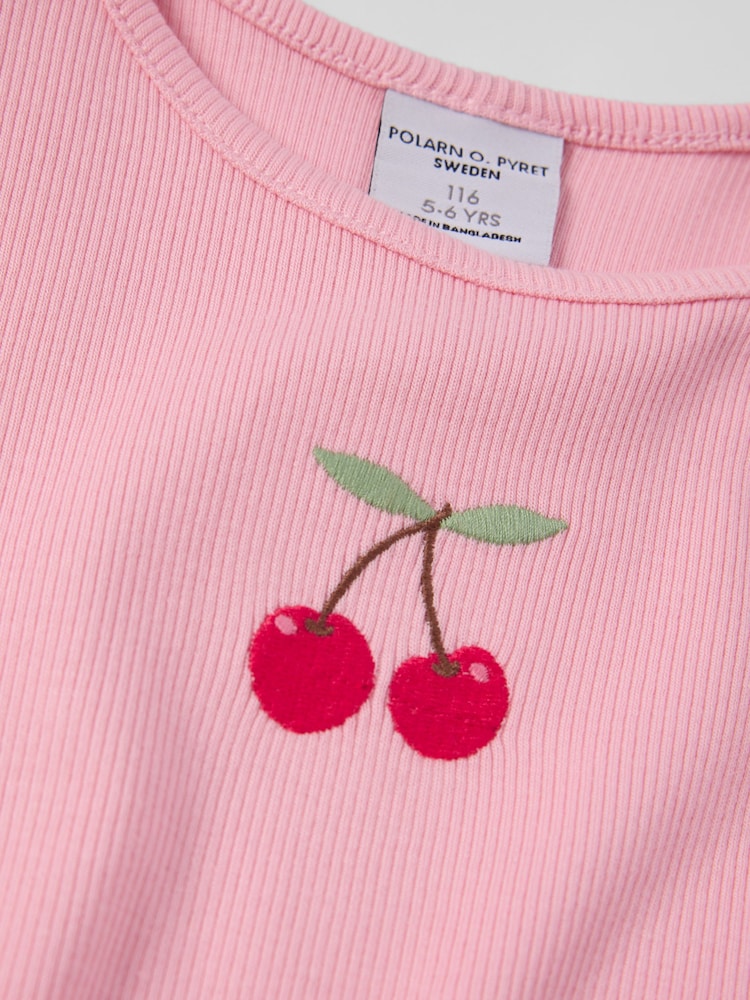 Polarn O. Pyret Pink Cherry Print Frill Sleeve T-Shirt - Image 3 of 3