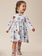 Blue Long Sleeve Christmas Ribbed Dress (3mths-7yrs) - Image 1 of 8