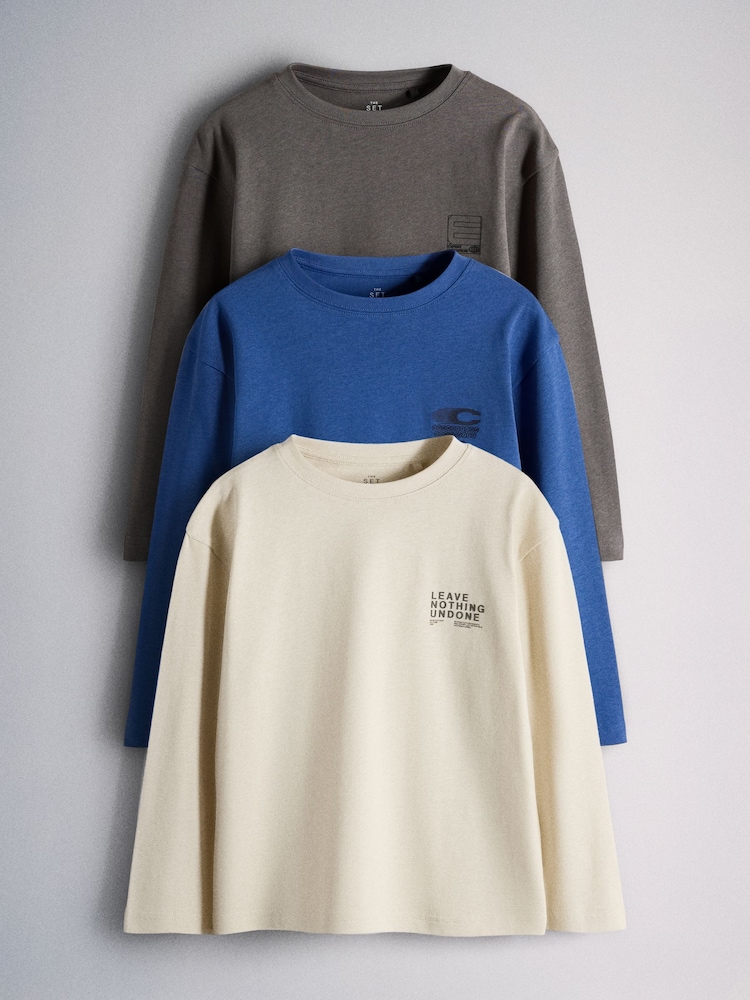 The Set 3 Pack Oversized Long Sleeve Graphic T-Shirts Blue/Grey - Image 1 of 6