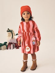Pink Christmas Reindeer Santa Long Sleeve Button Dress (3mths-7yrs) - Image 1 of 4