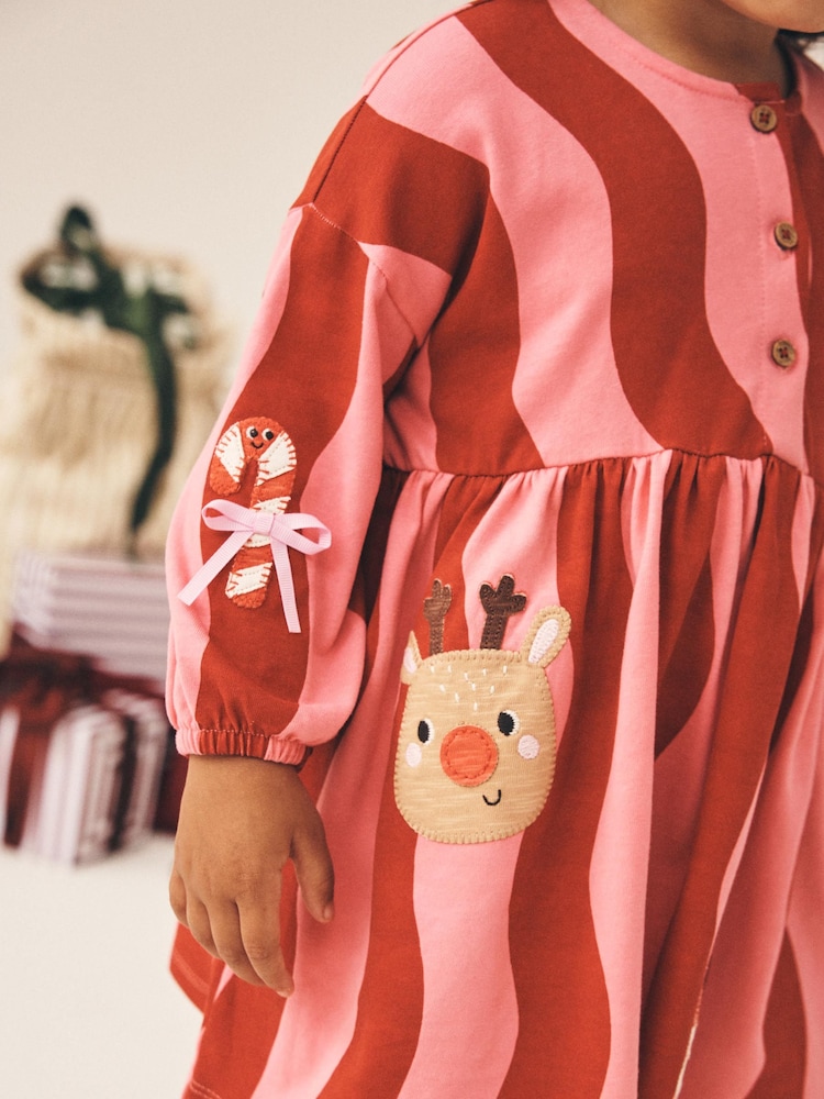 Pink Christmas Reindeer Santa Long Sleeve Button Dress (3mths-7yrs) - Image 2 of 4