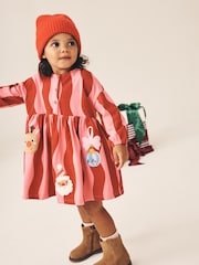 Pink Christmas Reindeer Santa Long Sleeve Button Dress (3mths-7yrs) - Image 3 of 4