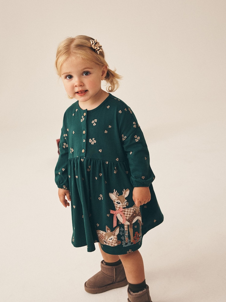 Green Deer Long Sleeve Button Dress (3mths-7yrs) - Image 2 of 4