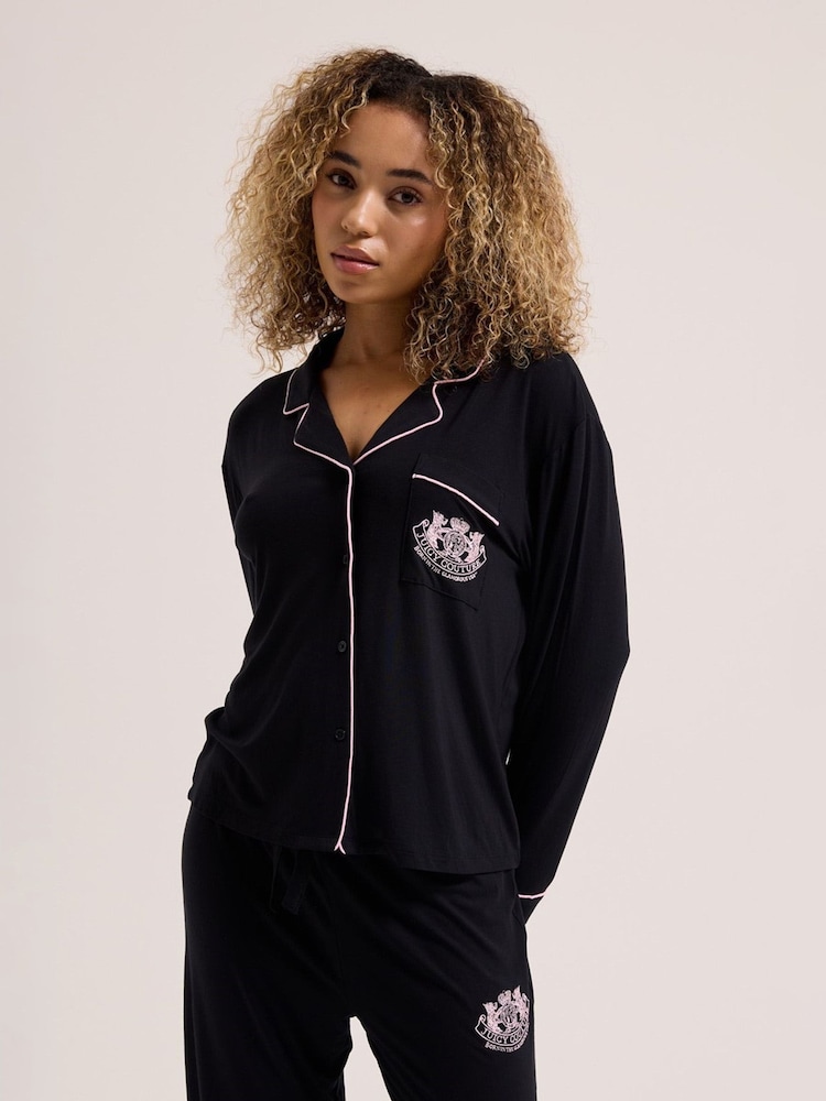 Juicy Couture Black Juicy Dog Crest Jersey Shirt And Pyjamas - Image 1 of 5 Juicy Couture Black Juicy Dog Crest Jersey Shirt And Pyjamas - Image 1 of 5