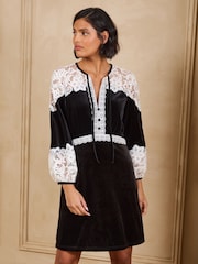 Love & Roses Black Lace Detail Tie Front Button Down Mini Shift Dress - Image 1 of 4