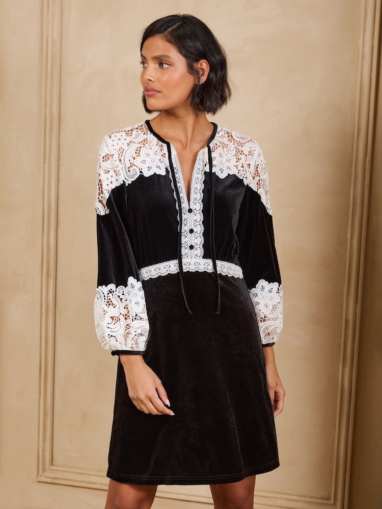 Love & Roses Black Lace Detail Tie Front Button Down Mini Shift Dress - Image 1 of 4 Love & Roses Black Lace Detail Tie Front Button Down Mini Shift Dress - Image 1 of 4