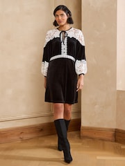Love & Roses Black Lace Detail Tie Front Button Down Mini Shift Dress - Image 3 of 4