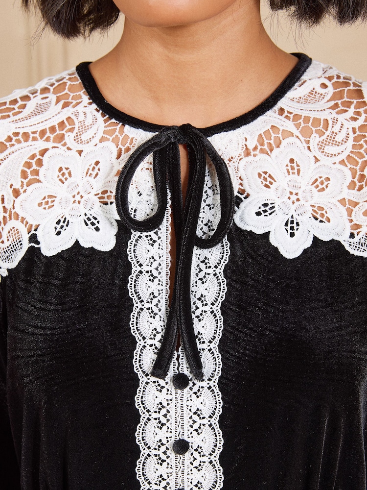 Love & Roses Black Lace Detail Tie Front Button Down Mini Shift Dress - Image 4 of 4 Love & Roses Black Lace Detail Tie Front Button Down Mini Shift Dress - Image 4 of 4