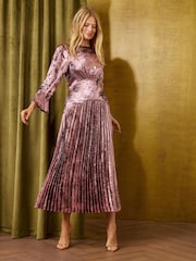Love & Roses Rose Gold Metallic Drop Waist Pleated Midi Dress - Image 1 of 5