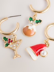 Gold Tone Christmas Huggie Hoop Earrings 3 Pack - Image 2 of 3