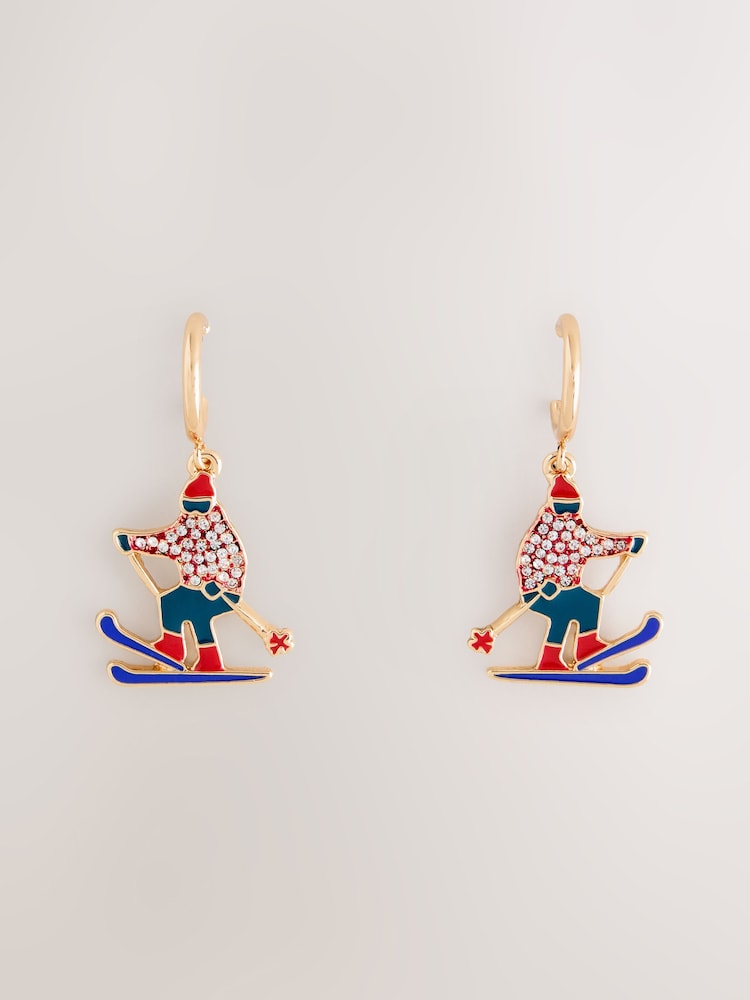 Red Christmas Skier Enamel Hoop Earrings - Image 1 of 3