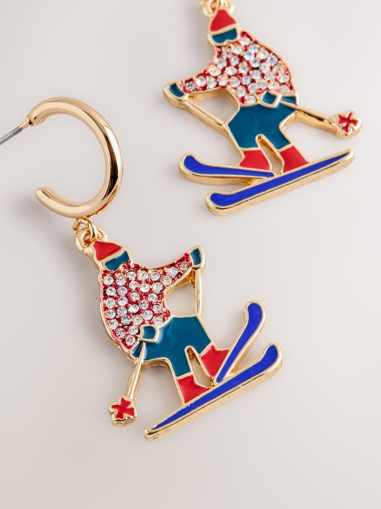 Red Christmas Skier Enamel Hoop Earrings - Image 2 of 3
