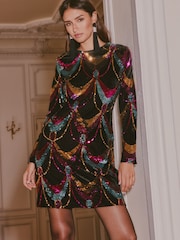 Love & Roses X V&A Multi Scallop Sequin Velvet Mini Dress - Image 1 of 5