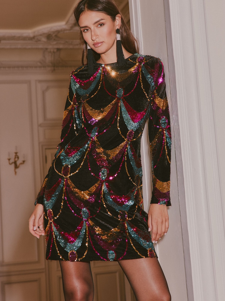 Love & Roses X V&A Multi Scallop Sequin Velvet Mini Dress - Image 1 of 5