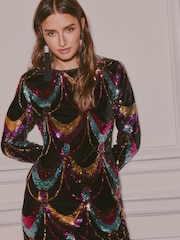 Love & Roses X V&A Multi Scallop Sequin Velvet Mini Dress - Image 2 of 5