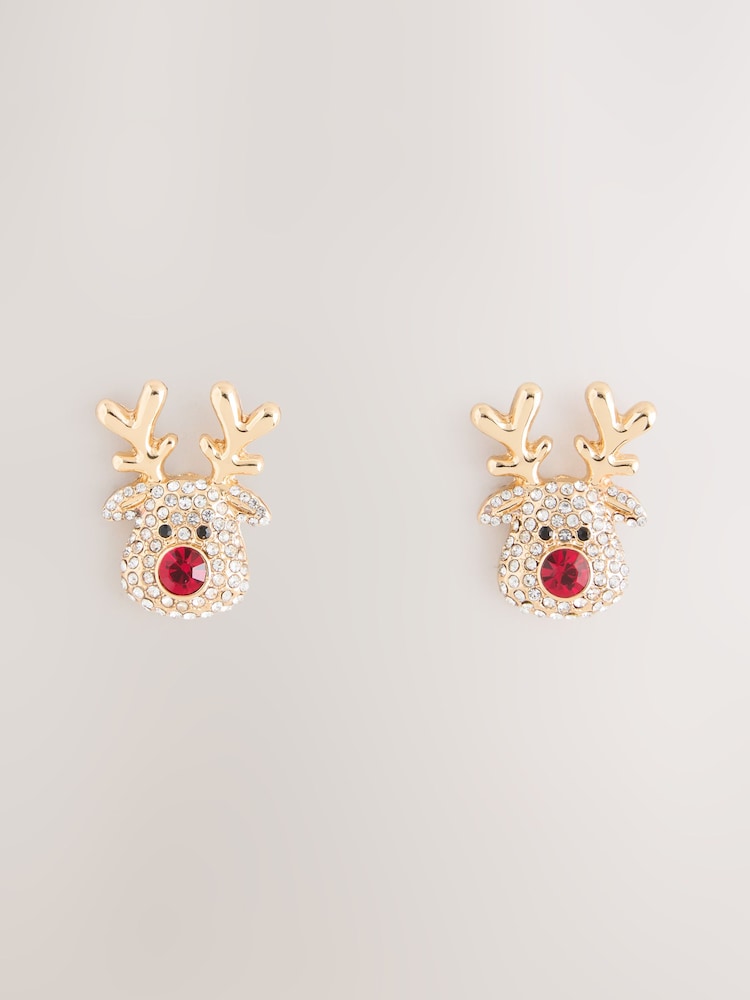 Gold Tone Christmas Reindeer Stud Earrings - Image 1 of 3