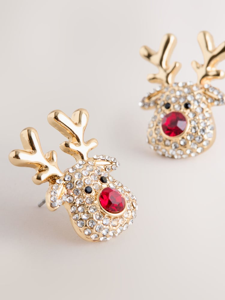Gold Tone Christmas Reindeer Stud Earrings - Image 2 of 3