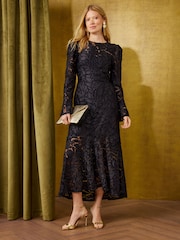 Love & Roses Black Devore Flounce Hem Midi Dress - Image 1 of 5