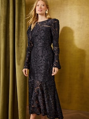 Love & Roses Black Devore Flounce Hem Midi Dress - Image 3 of 5