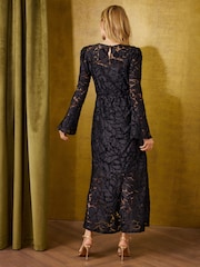 Love & Roses Black Devore Flounce Hem Midi Dress - Image 4 of 5