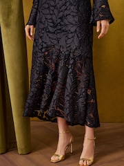 Love & Roses Black Devore Flounce Hem Midi Dress - Image 5 of 5