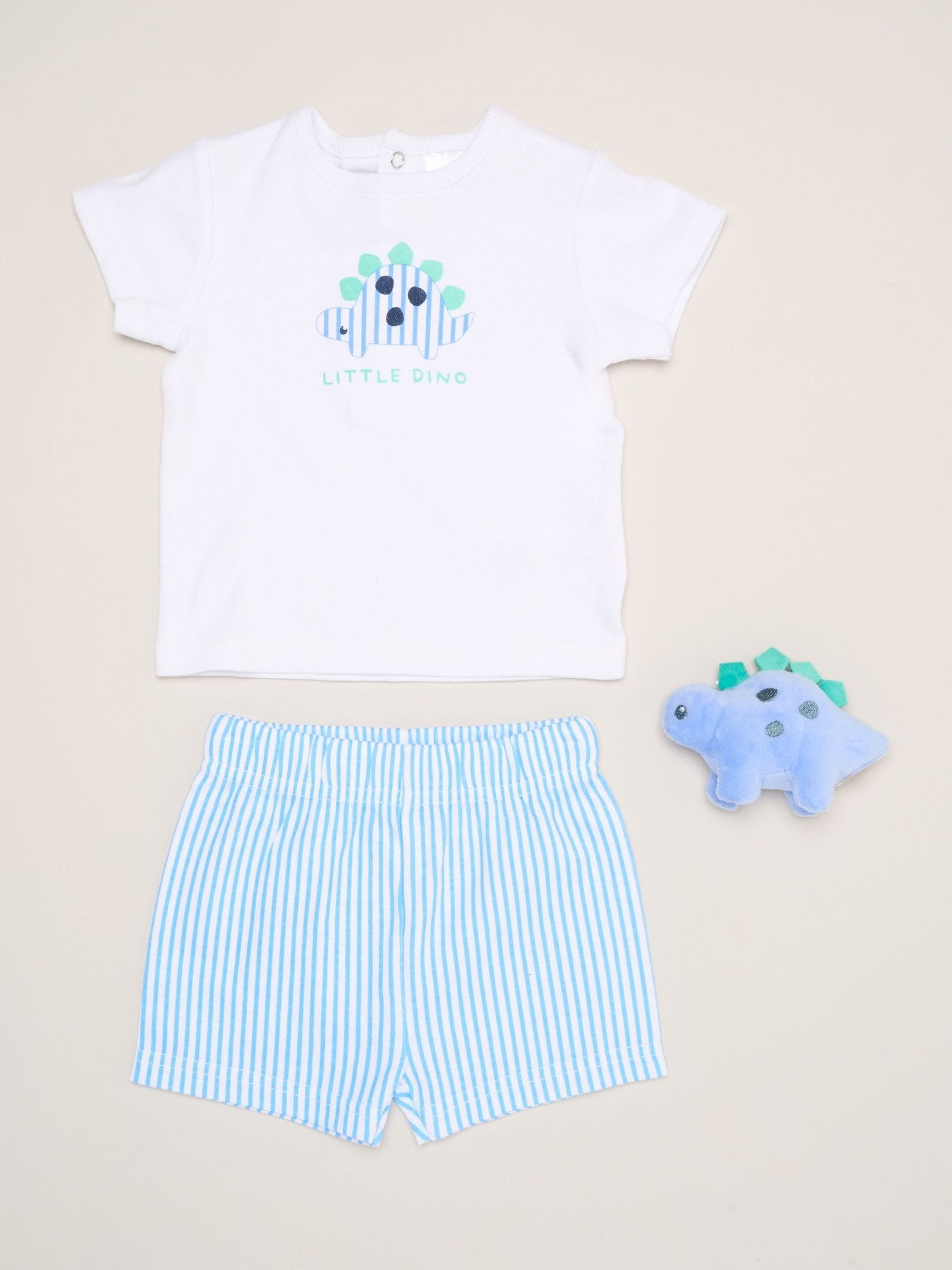 Rock-A-Bye Baby Boutique Unisex Newborn Blue Rock-A-Bye Baby Boutique Dinosaur Print T-Shirt, Shorts And Plush Toy Set Outfit Set - Image 1