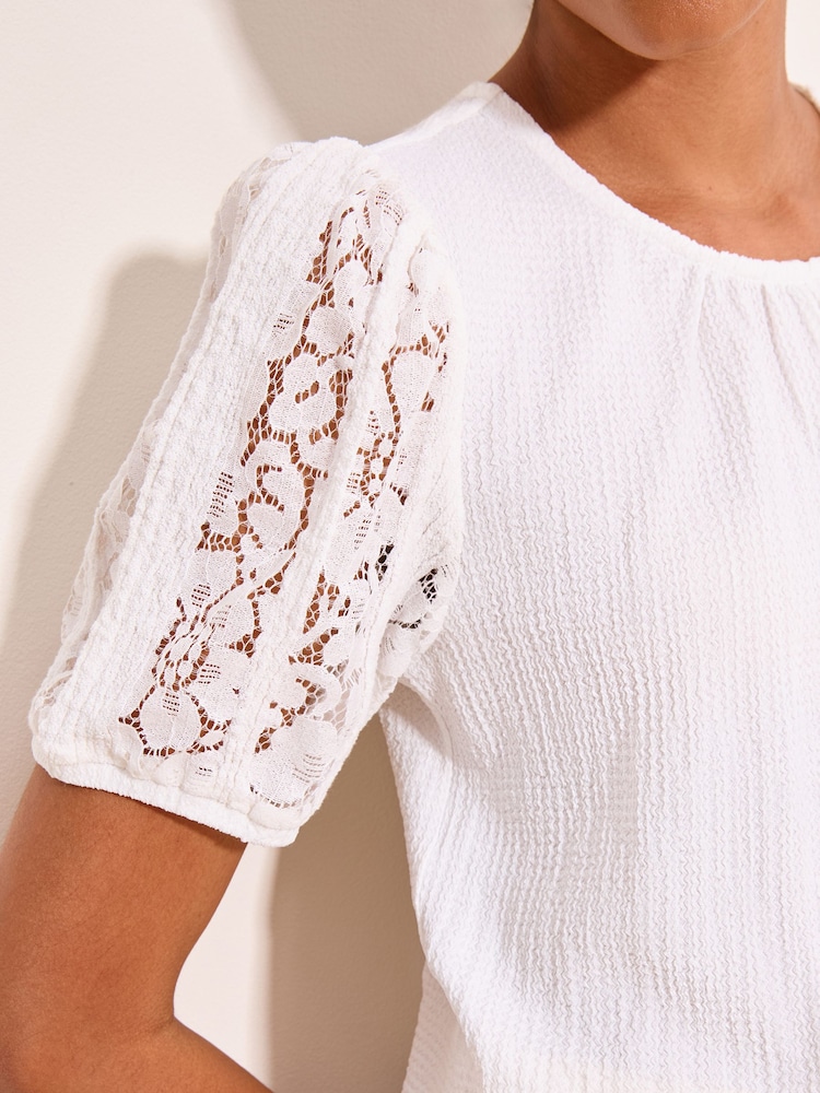 Lipsy White Lace Sleeve Textured T-Shirt - Image 2 of 5