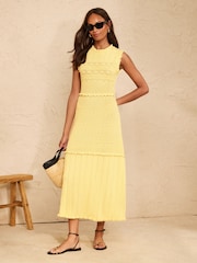 Love & Roses Yellow Crew Neck Lurex Detail Cotton Rich Knitted Midi Dress - Image 1 of 5