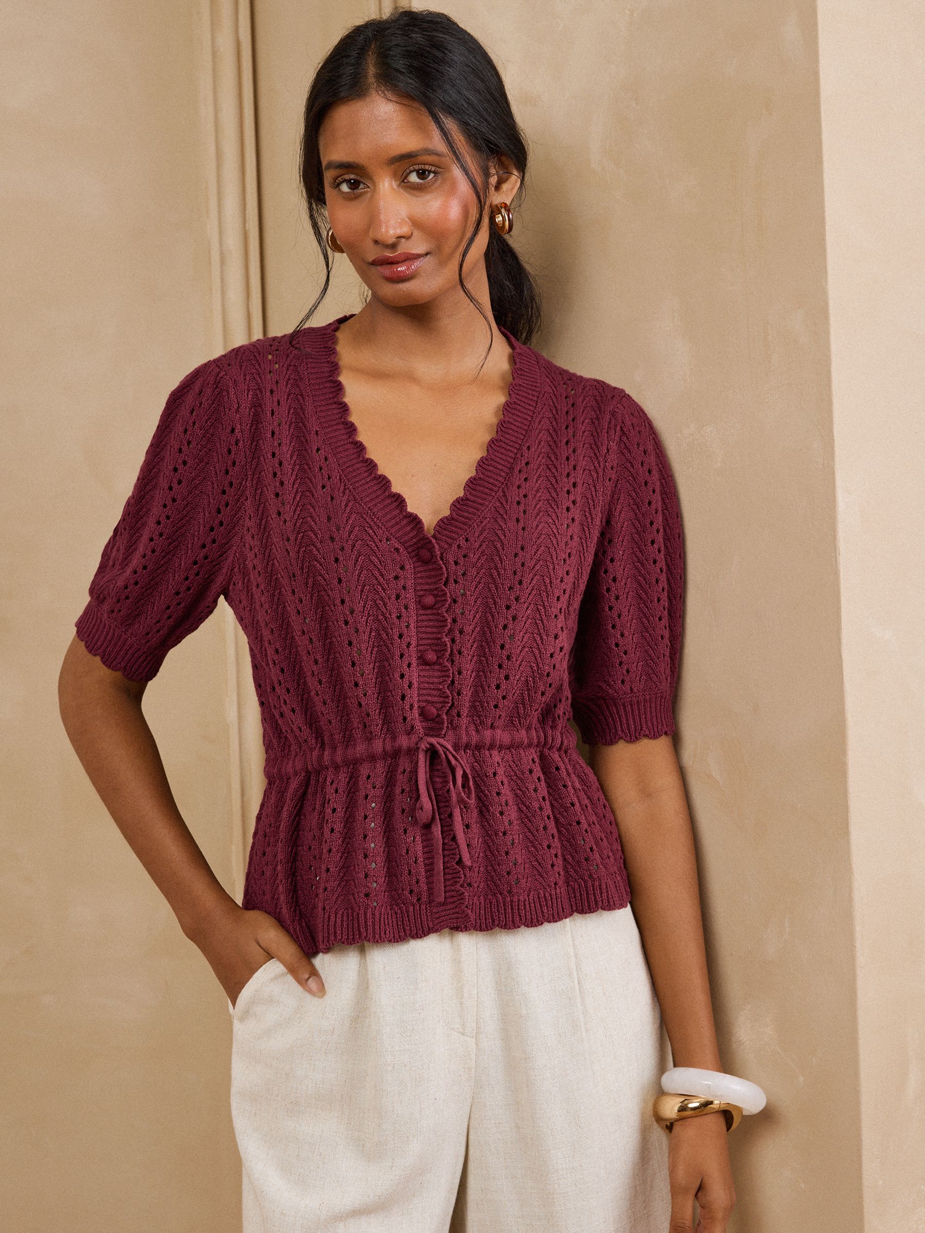 Buy Love & Roses Burgundy Red Peplum Tie Front Open Stitch Knitted