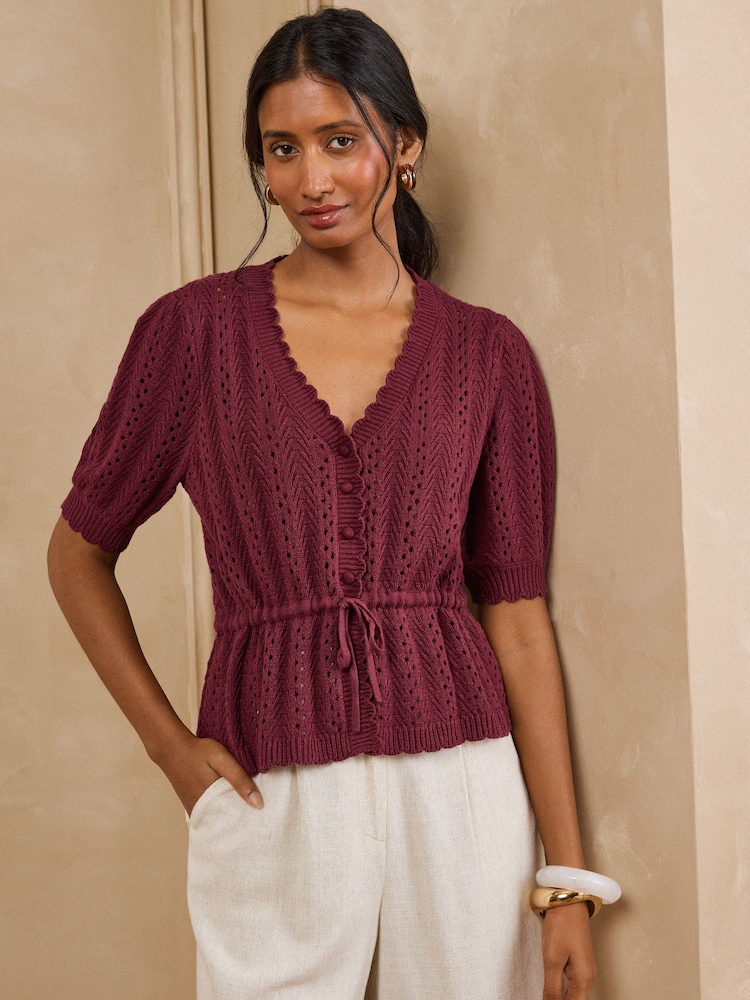Bourgogne Röd - Love & Roses Cotton Rich Peplum Tie Front Open Stitch Knitted Cardigan - Bild 1 av 5