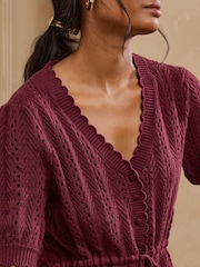 Bourgogne Röd - Love & Roses Cotton Rich Peplum Tie Front Open Stitch Knitted Cardigan - Bild 2 av 5