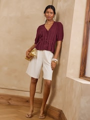 Bourgogne Röd - Love & Roses Cotton Rich Peplum Tie Front Open Stitch Knitted Cardigan - Bild 3 av 5