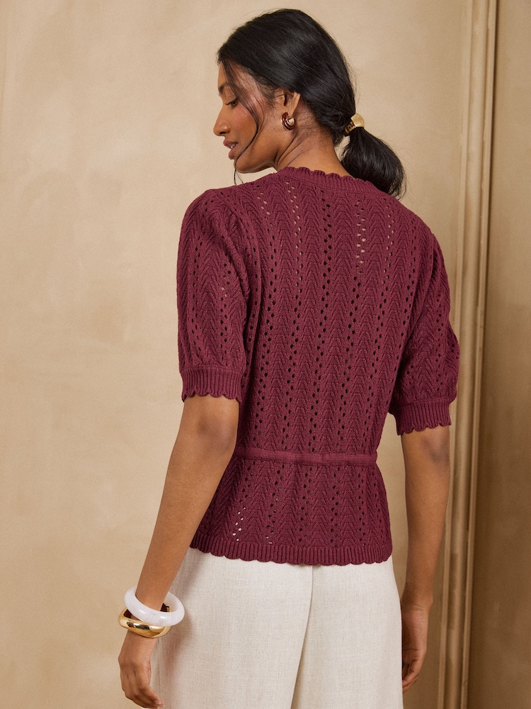Bourgogne Röd - Love & Roses Cotton Rich Peplum Tie Front Open Stitch Knitted Cardigan - Bild 5 av 5