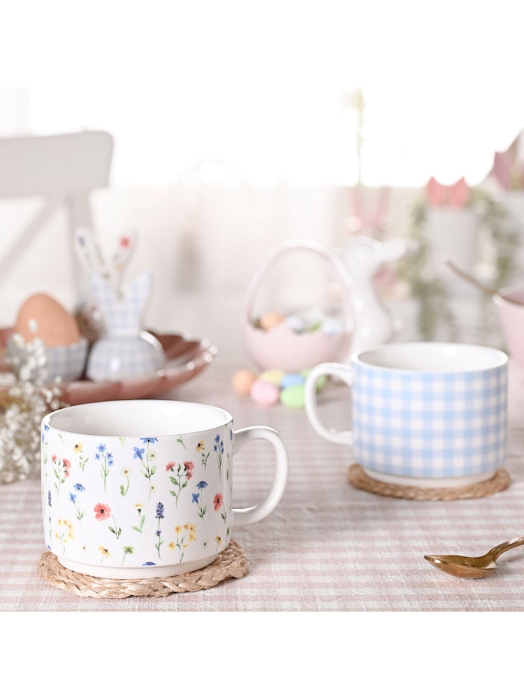 Widdop White 2 Stacking Mugs Gingham and Flower Design - Image 1 of 6