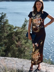Ashmolean Museum Wine Floral Print Satin Midi Skirt - Image 1 of 6