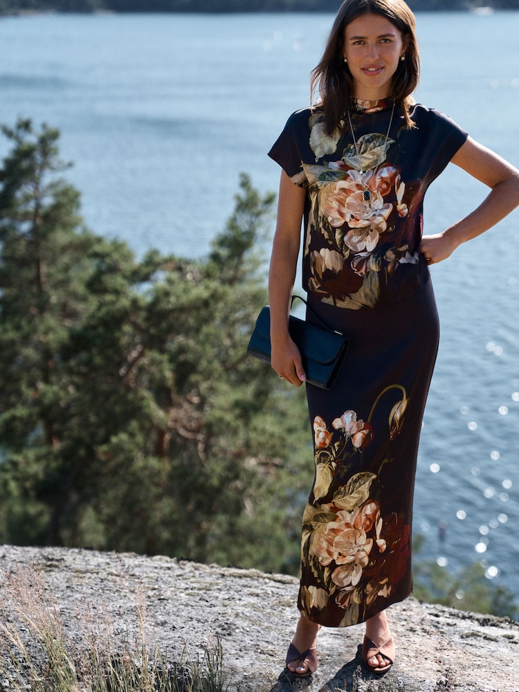 Ashmolean Museum Wine Floral Print Satin Midi Skirt - Image 1 of 6 Ashmolean Museum Wine Floral Print Satin Midi Skirt - Image 1 of 6